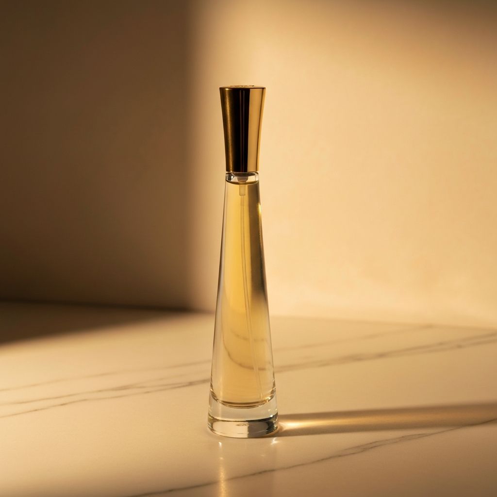 Botella de perfume de lujo con luz dorada calida